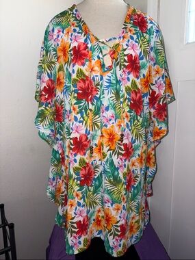 Time and Tru Tropical Floral Swim Coverup in Red, Yellow, Green, Blue
